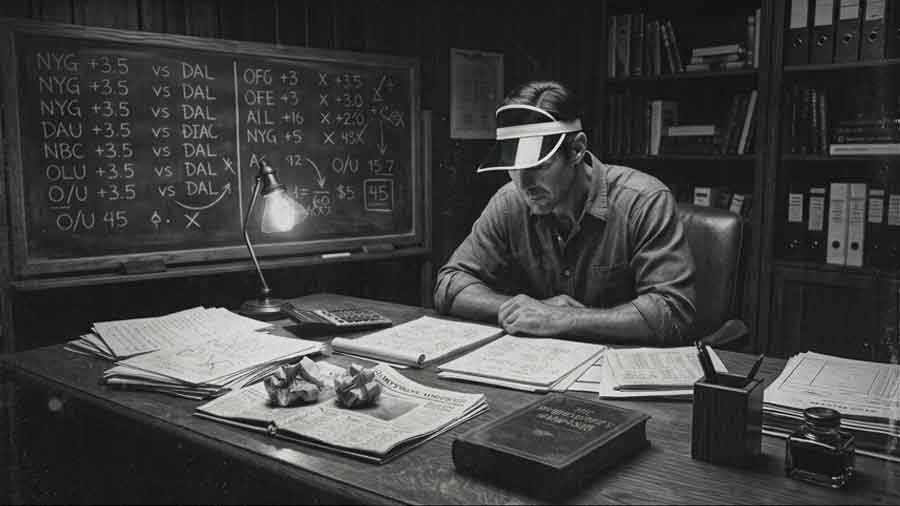 Professional Sports handicapper studying betting lines and sports statistics at a desk