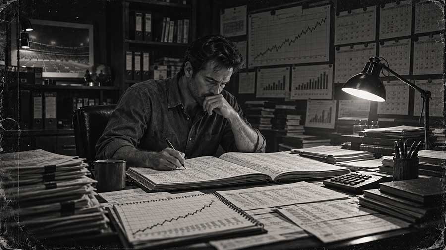 Sports betting analyst reviewing long-term performance records and historical results