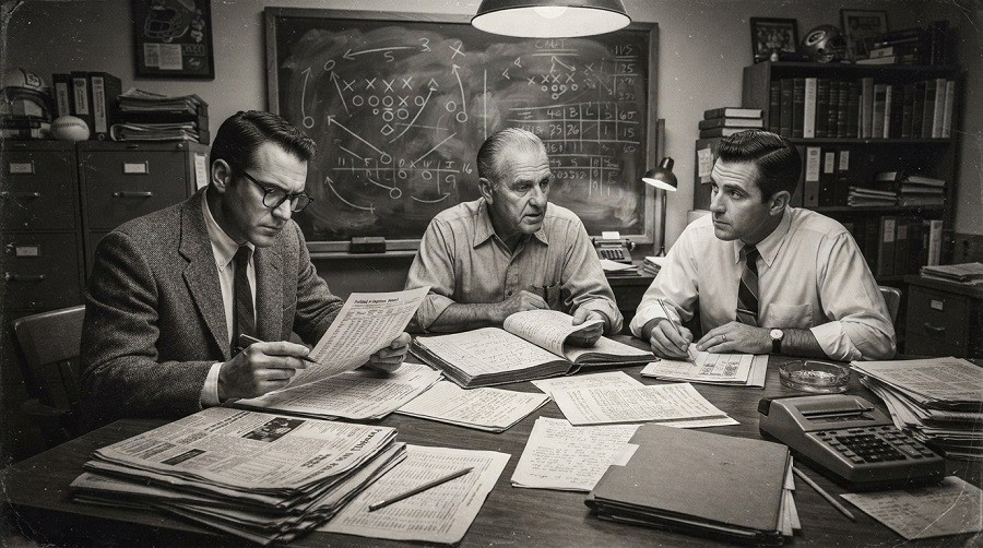 Professional sports handicappers reviewing statistics, betting odds and research to select a daily sports betting card.