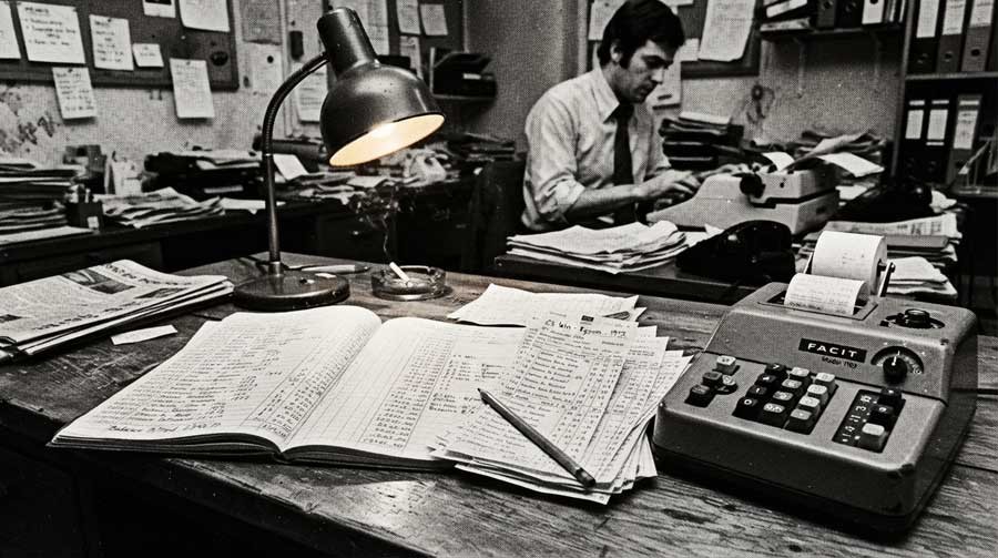 sports betting bankroll ledger with handwritten wager records, calculator and financial notes